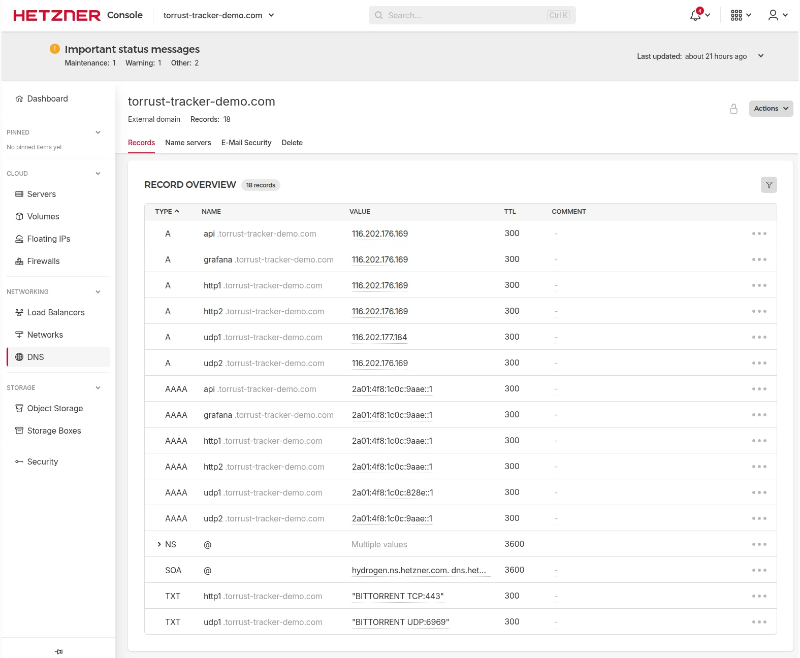 Hetzner DNS Console showing all A, AAAA, and TXT records for the torrust-tracker-demo.com domain