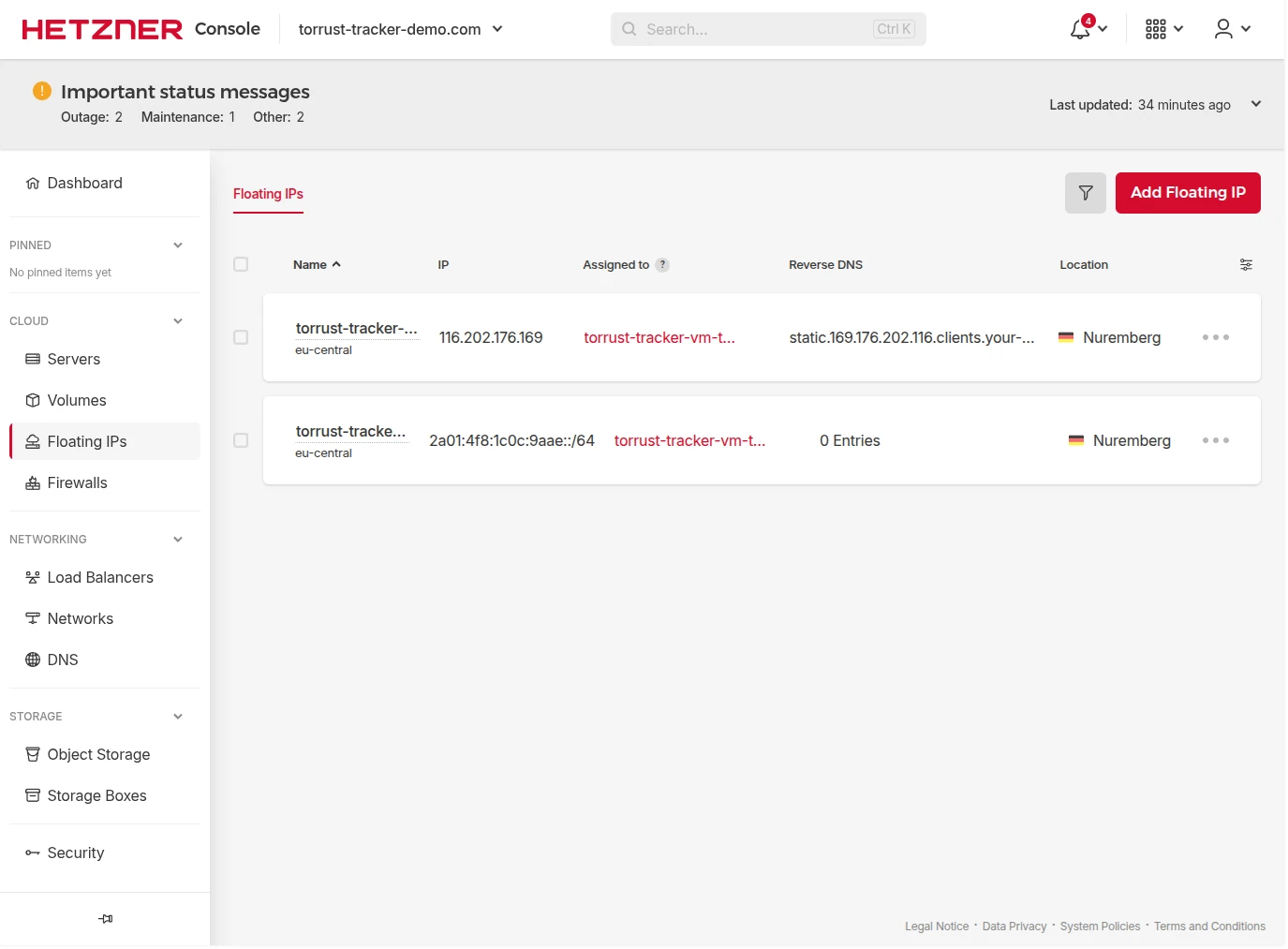 Hetzner Console Floating IPs list showing IPv4 and IPv6 addresses assigned to the Torrust Tracker VM