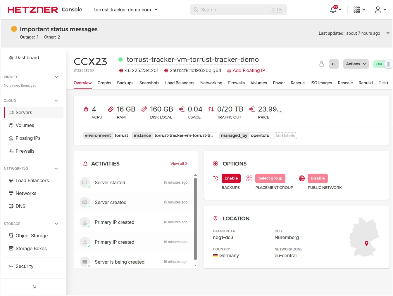 Hetzner Console overview of the provisioned Torrust Tracker VM showing server type, IP addresses, and OpenTofu labels