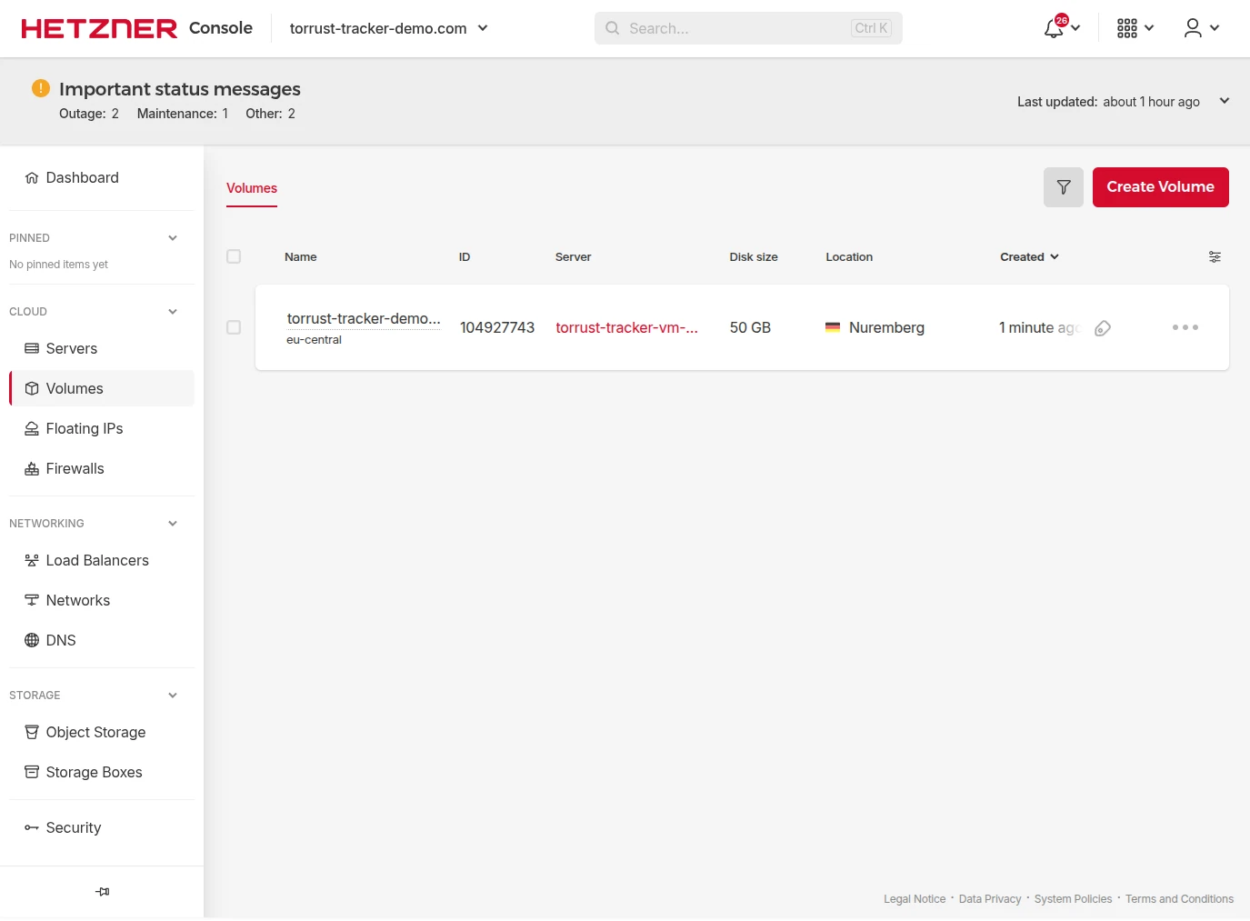 Hetzner Console Volumes list showing the 50 GB storage volume attached to the Torrust Tracker server